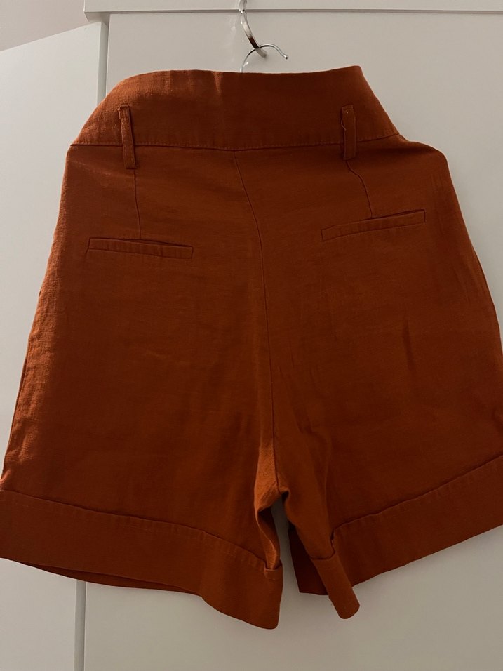 Düğmeli Koyu Kahverengi kiremit Keten Mini Kumaş şort - Görsel 3