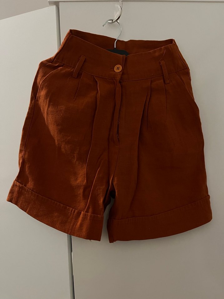 Düğmeli Koyu Kahverengi kiremit Keten Mini Kumaş şort - Görsel 2