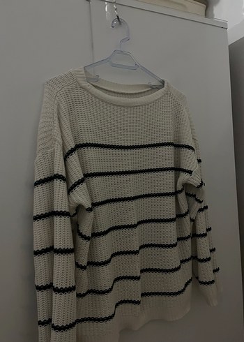 Çizgili, Yuvarlak Yaka, Örgü Kadın Kazak - Görsel 3