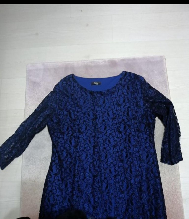 Lacivert Dantel Kollu Midi Elbise - Görsel 2