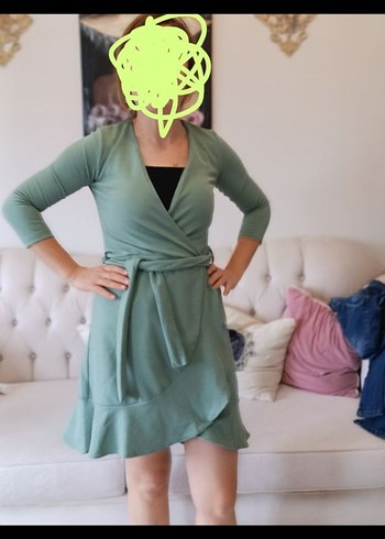 Yeşil V Yaka Elbise - Görsel 2