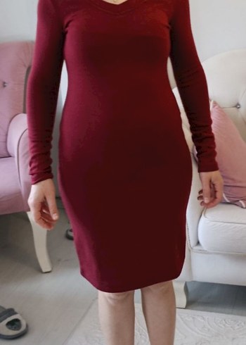 Bordo V Yaka Uzun Kollu Triko Elbise - Görsel 3