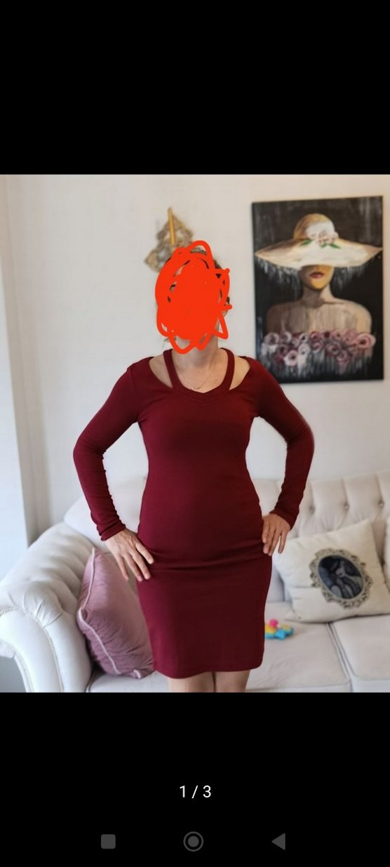 Bordo V Yaka Uzun Kollu Triko Elbise - Görsel 2