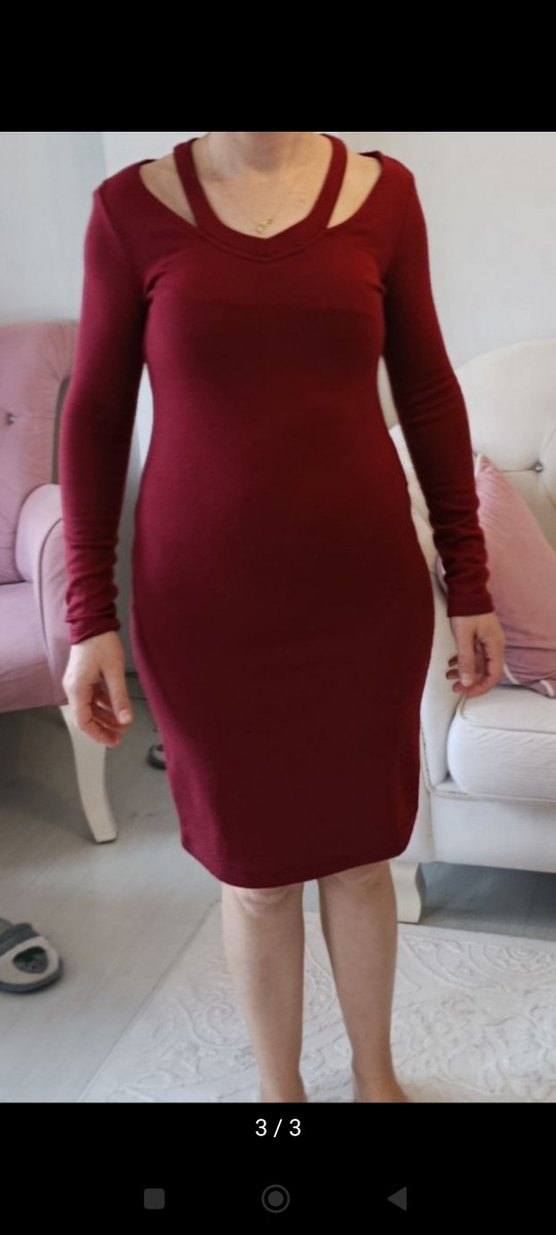 Bordo V Yaka Uzun Kollu Triko Elbise - Görsel 3