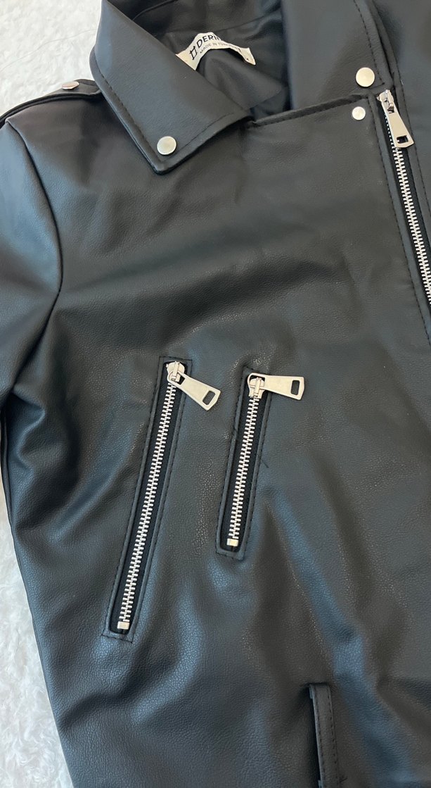 Kadın Siyah Deri Biker Ceket - Görsel 3