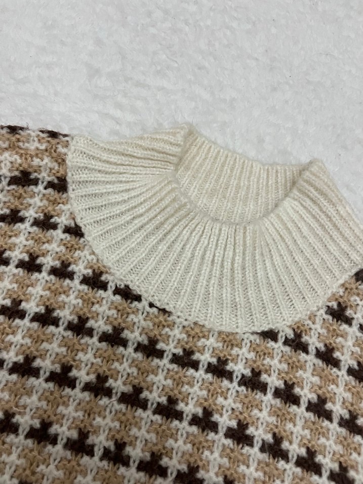 Kadın Ekoseli Kahverengi Örgü Kazak - Görsel 2