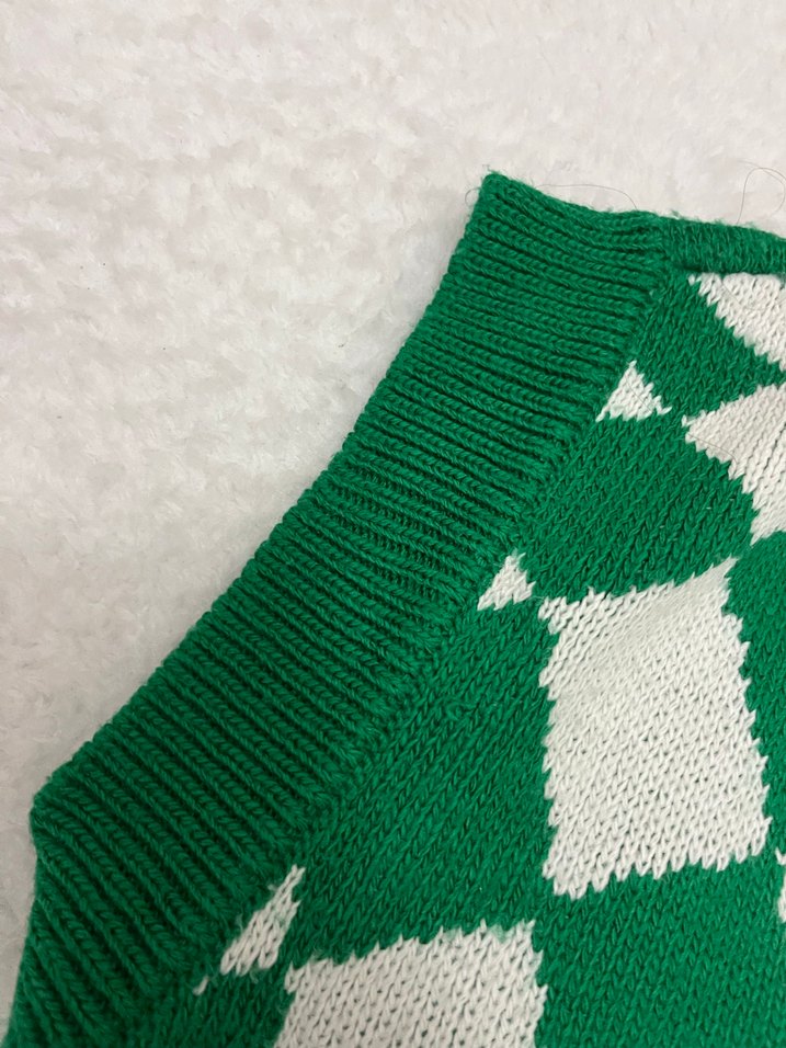 Yeşil Kareli V Yaka Örgü Süveter - Görsel 2