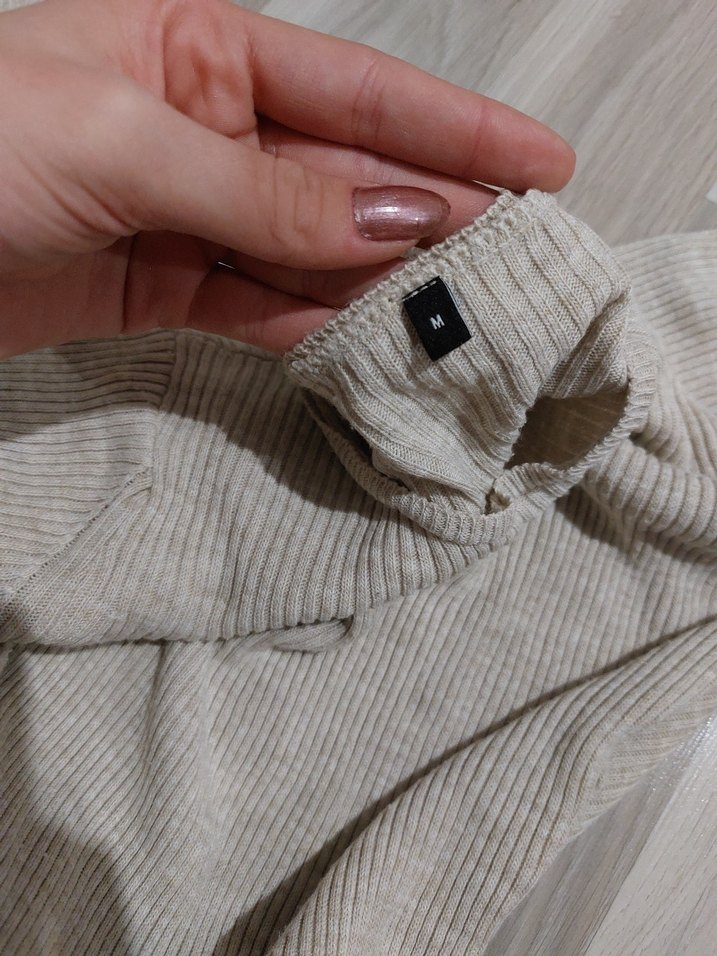 Bej Uzun Kollu Fit Triko Elbise - Görsel 2