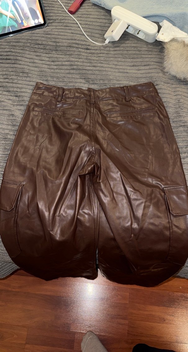 Kahverengi Deri Kadın Bol Kesim Pantolon zara - Görsel 4