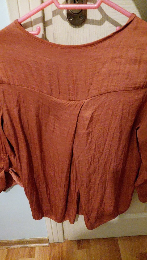 Kadın Kahverengi V Yakalı Keten Bluz - Görsel 2