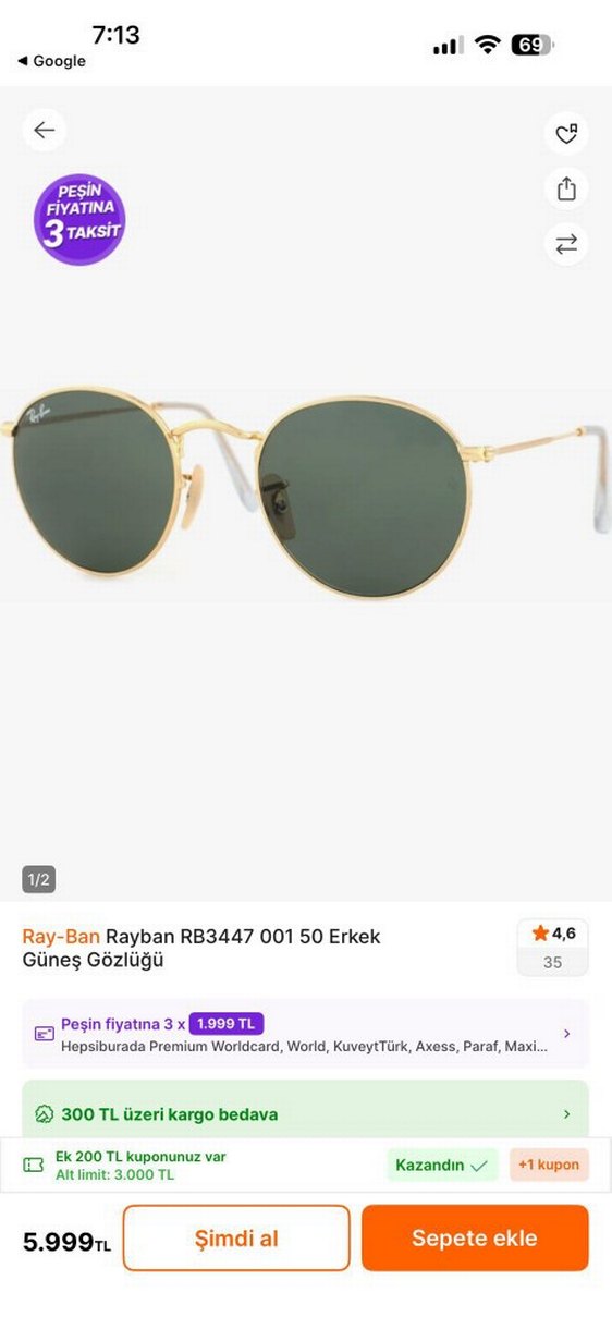 Ray-Ban Yuvarlak Gri ve sarı çerçeveli  unisex Güneş Gözlüğü - Görsel 2