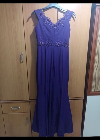 Mor Dantel Detaylı Uzun Abiye Elbise - Görsel 3