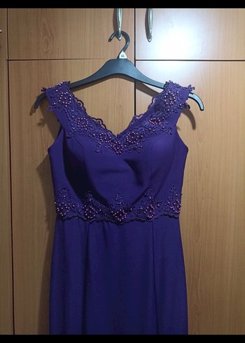 Mor Dantel Detaylı Uzun Abiye Elbise - Görsel 2