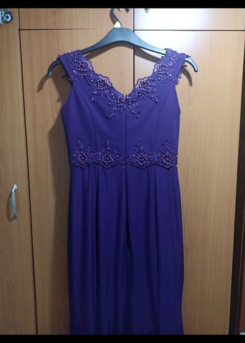 Mor Dantel Detaylı Uzun Abiye Elbise - Görsel 4