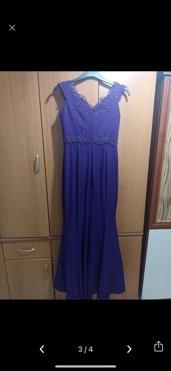 Mor Dantel Detaylı Uzun Abiye Elbise - Görsel 3