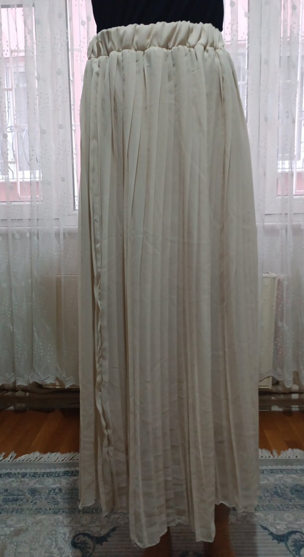 Bej Uzun Pilili Keten Etek - Görsel 2