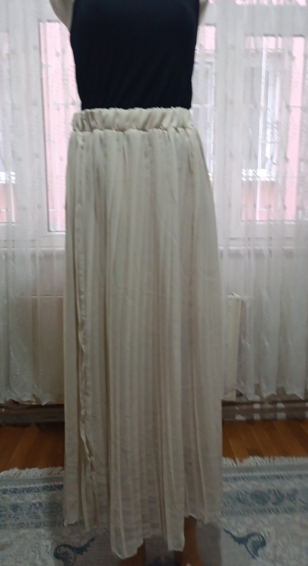 Bej Uzun Pilili Keten Etek - Görsel 3