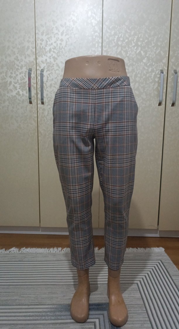 Düğmeli ekose Kadın Kumaş Pantolon - Görsel 2