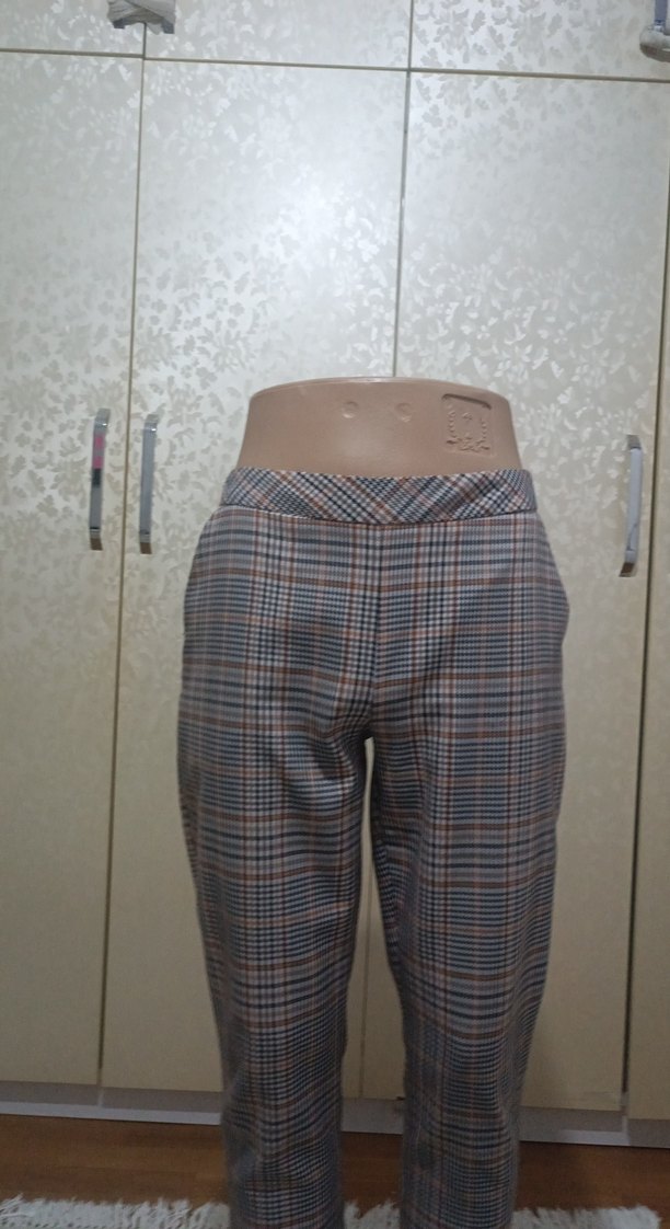 Düğmeli ekose Kadın Kumaş Pantolon - Görsel 3