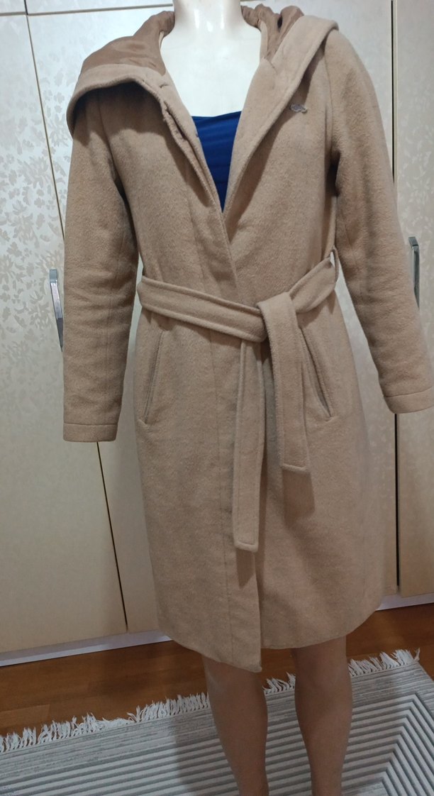 Kadın Bej Kemerli Uzun Polar Kaban - Görsel 2