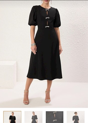 Siyah Fiyonklu Örme Şık Abiye Elbise - Görsel 2