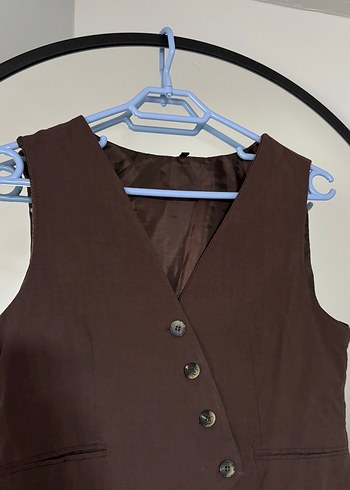 Bej-Kahve Düğmeli Keten Kadın Yelek - Görsel 2