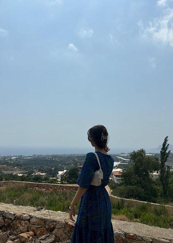 Mavi Batik Desenli Midi Elbise - Görsel 2