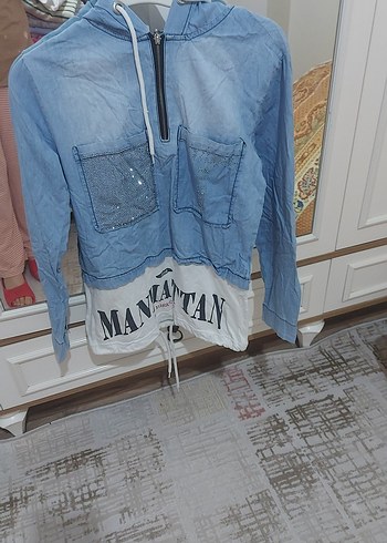 Kadın Mavi Kapüşonlu Denim Ceket - Görsel 2