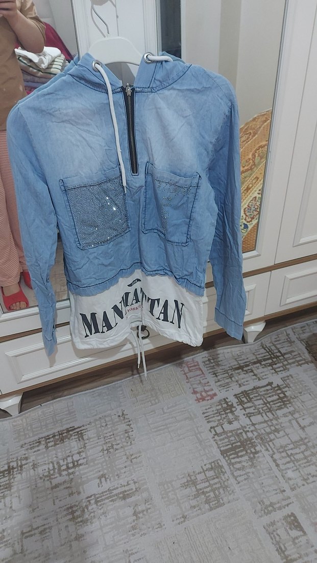 Kadın Mavi Kapüşonlu Denim Ceket - Görsel 2