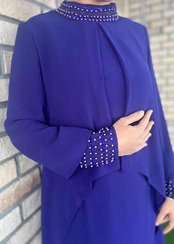 Uzun Mor Drapeli Kadın tesettür Abiye Elbise - Görsel 2