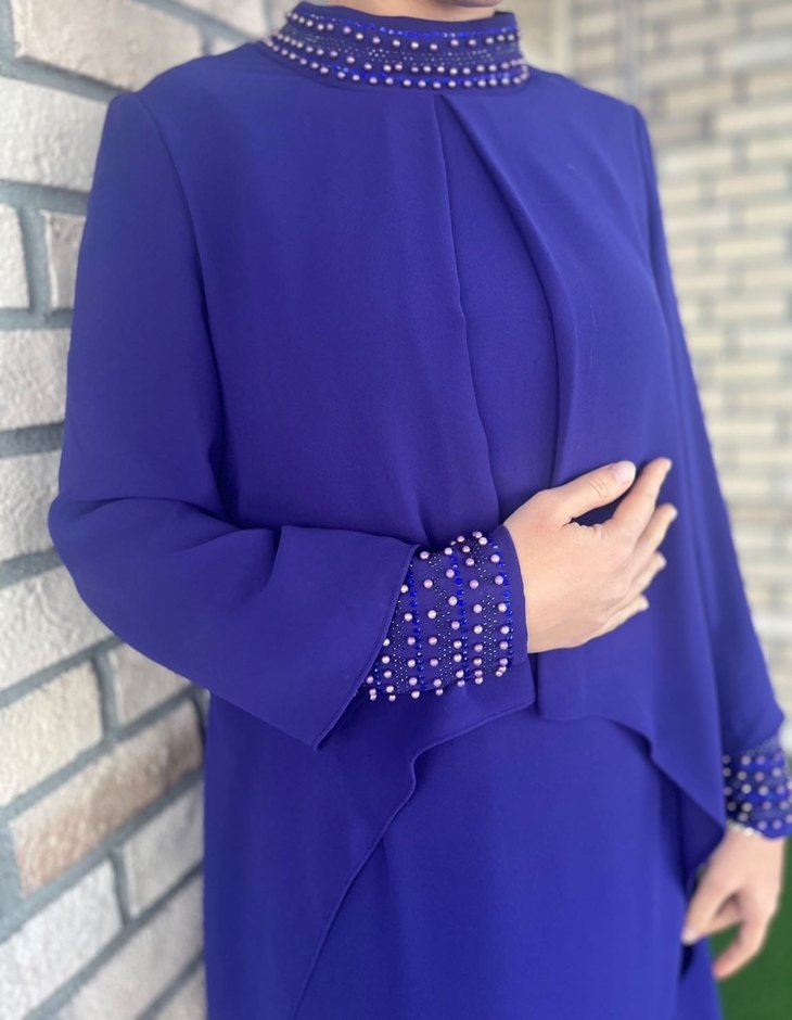 Uzun Mor Drapeli Kadın tesettür Abiye Elbise - Görsel 2