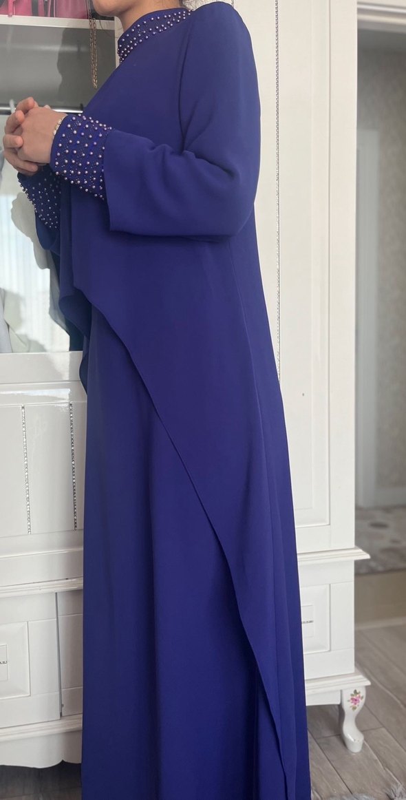 Uzun Mor Drapeli Kadın tesettür Abiye Elbise - Görsel 3