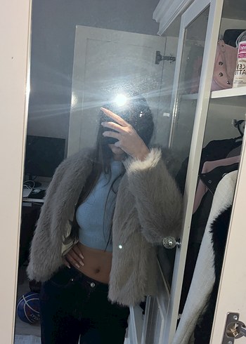 Gri renk Kadın Midi Boy peluş kürk - Görsel 3