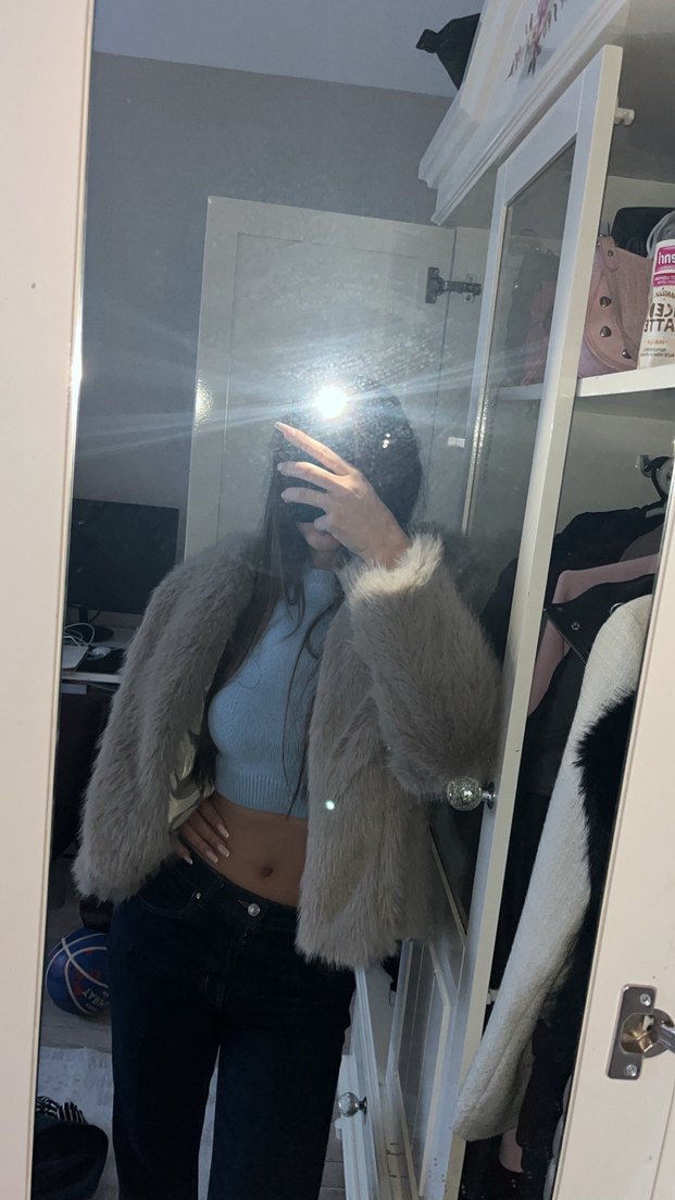 Gri renk Kadın Midi Boy peluş kürk - Görsel 3