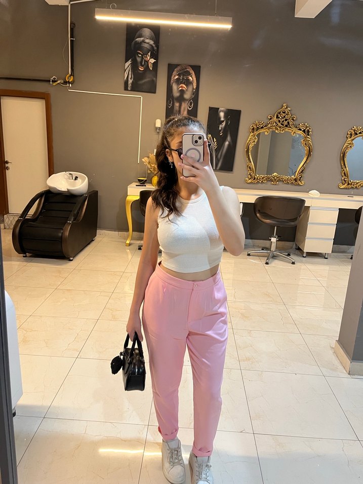 Pembe kumaş pantolon - Görsel 3