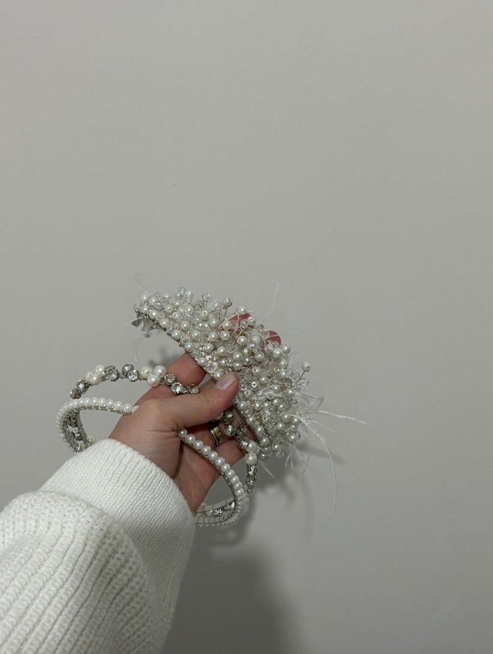 Boncuk Detaylı  tüylü Beyaz taçlar - Görsel 2
