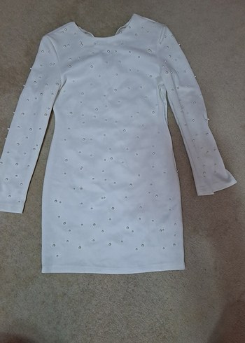 Beyaz Uzun Kollu Mini Elbise - Görsel 3