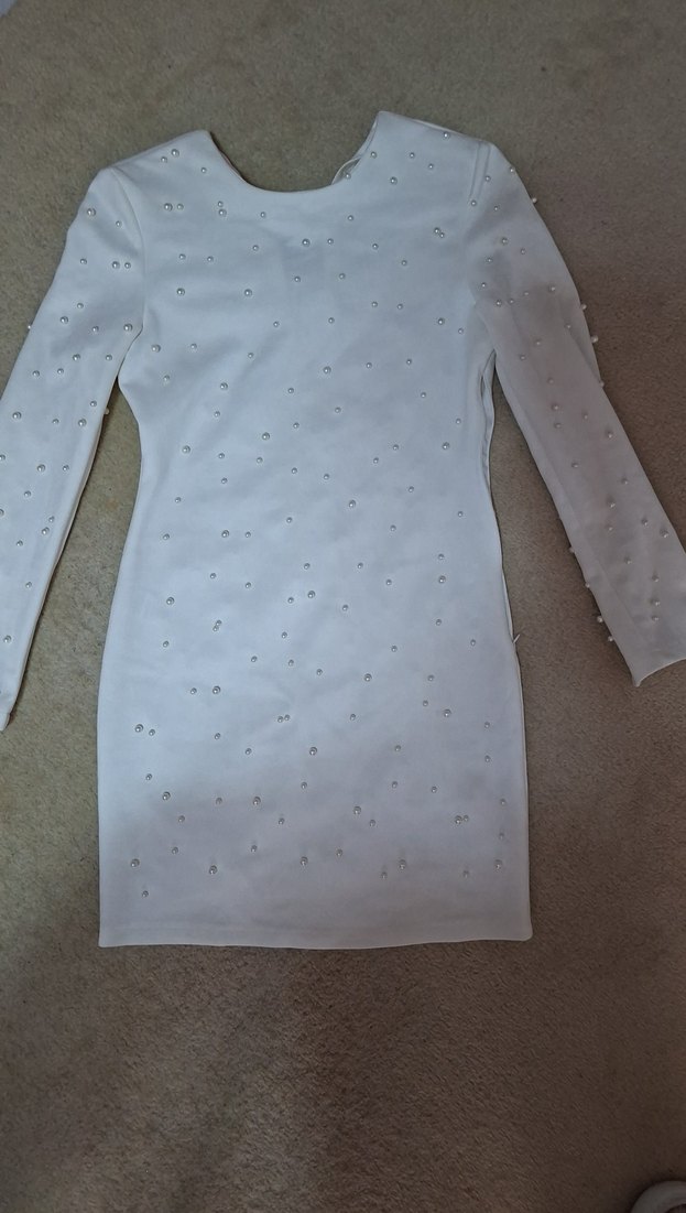 Beyaz Uzun Kollu Mini Elbise - Görsel 2