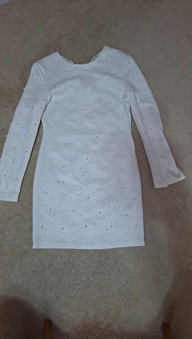 Beyaz Uzun Kollu Mini Elbise - Görsel 3