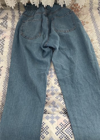 Düğmeli Bağcıklı Beli Büzgülü Mavi Kot Pantolon - Görsel 3