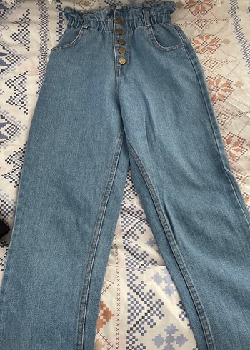 Düğmeli Bağcıklı Beli Büzgülü Mavi Kot Pantolon - Görsel 2