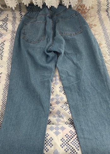 Düğmeli Bağcıklı Beli Büzgülü Mavi Kot Pantolon - Görsel 4