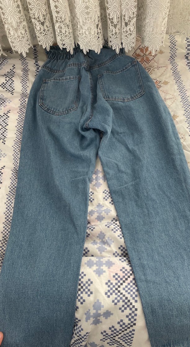 Düğmeli Bağcıklı Beli Büzgülü Mavi Kot Pantolon - Görsel 3