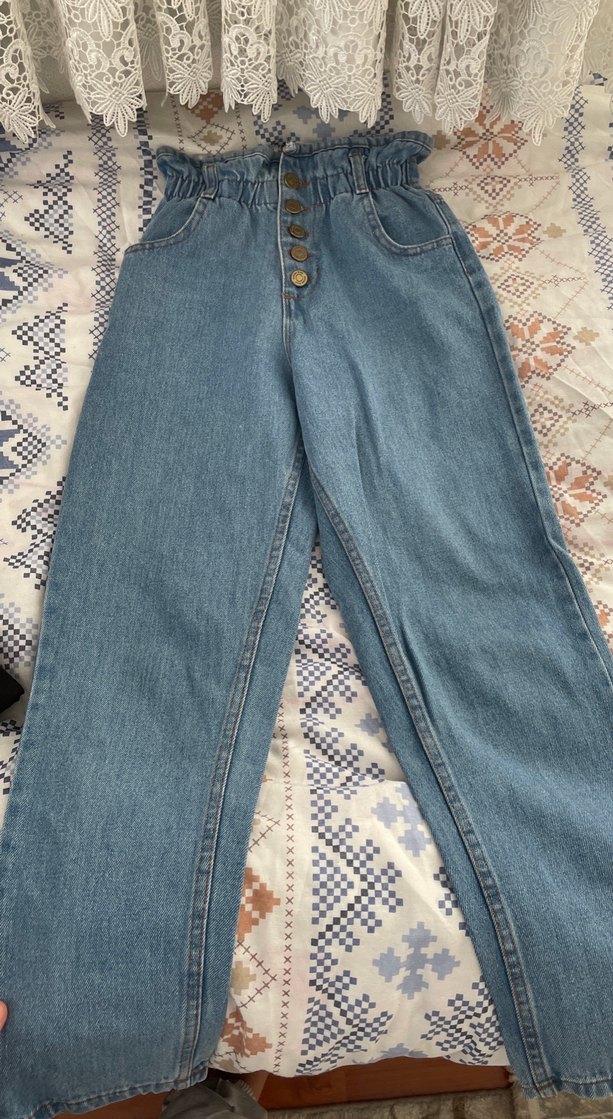 Düğmeli Bağcıklı Beli Büzgülü Mavi Kot Pantolon - Görsel 2