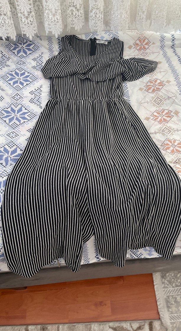 Kadın Siyah Çizgili Uzun Tulum - Görsel 2