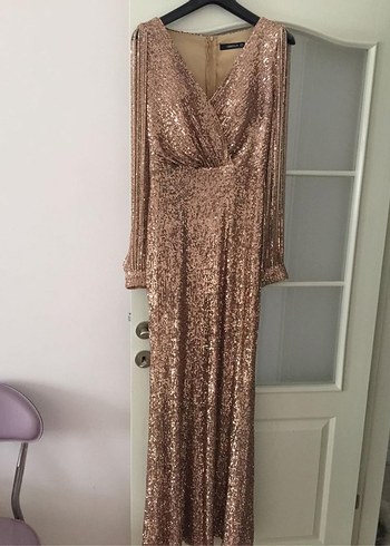 Bej Drapeli Uzun Abiye Elbise M-38-40Beden - Görsel 2