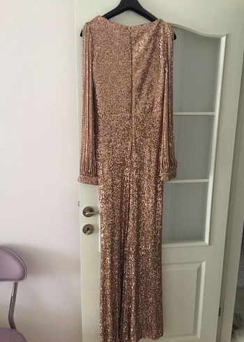 Bej Drapeli Uzun Abiye Elbise M-38-40Beden - Görsel 4