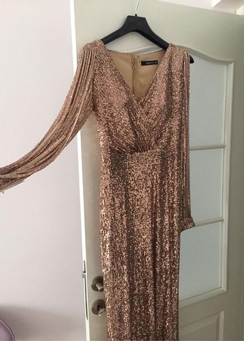 Bej Drapeli Uzun Abiye Elbise M-38-40Beden - Görsel 3