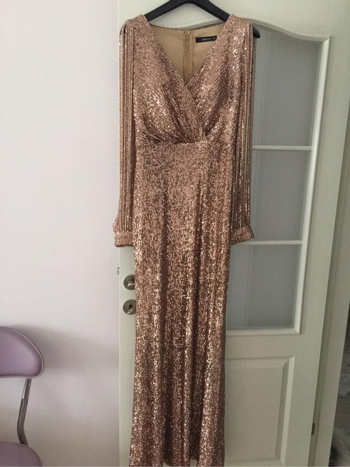 Bej Drapeli Uzun Abiye Elbise M-38-40Beden - Görsel 2