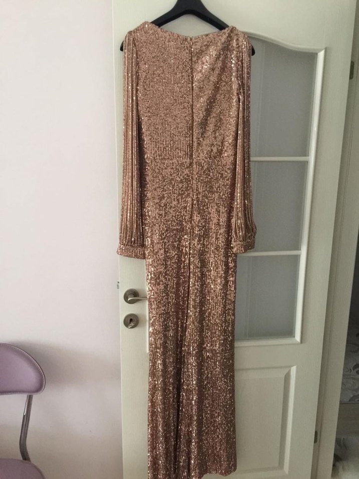 Bej Drapeli Uzun Abiye Elbise M-38-40Beden - Görsel 4